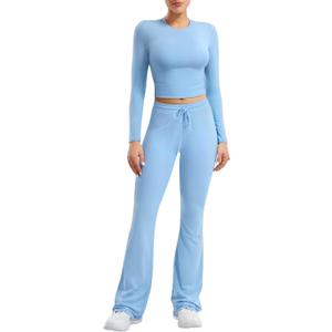 YEOREO Two Piece Sets for Women Long Sleeve Tops Lounge Set Drawstring Wide Leg Pants Ava Matching (X-Large, Light Blue)