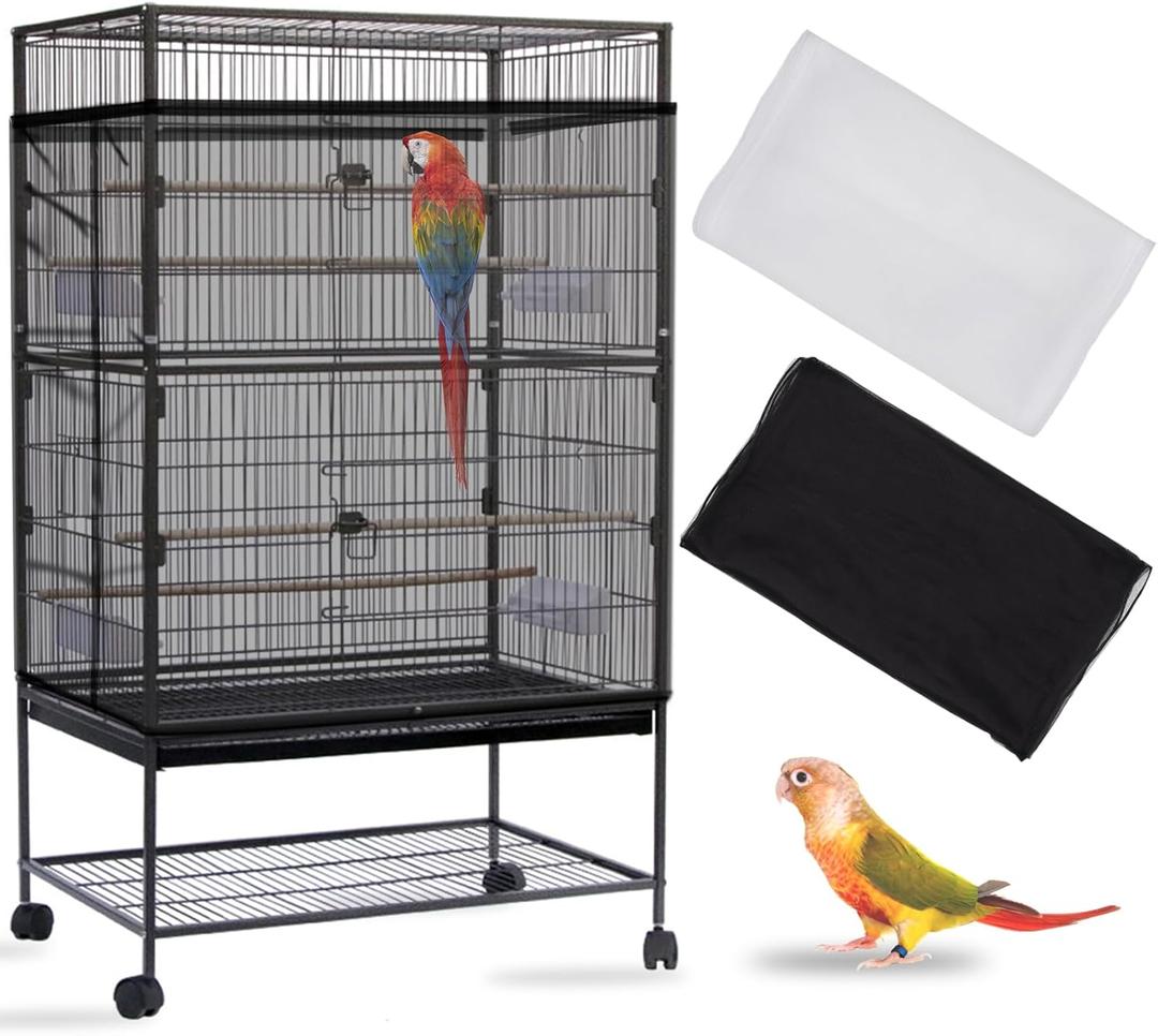 Daoeny 2PCS Bird Cage Seed Catcher, Large Bird Cage Cover, Adjustable Soft Airy Nylon Mesh, Birdcage Cover Skirt Seed Guard for Parrot Parakeet Macaw Round Square Cages (Black & White)