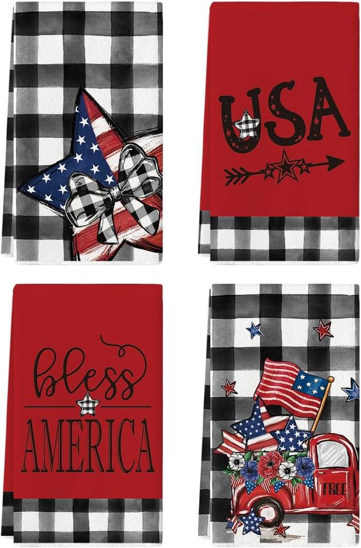 Artoid Mode Buffalo Plaid USA Stars Patriotic 4th of July Kitchen Towels Dish Towels, 18x26 Inch Memorial Day Decoration Hand Towels Set of 4