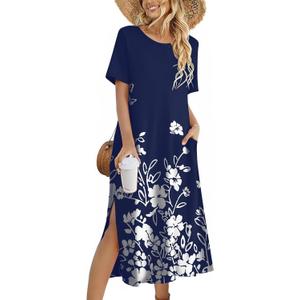 Zeagoo Women Floral Summer Dress Casual Beach Dress Printed T Shirt Dress Split Long Dress Travel 2025 Vacation Dress (Medium)