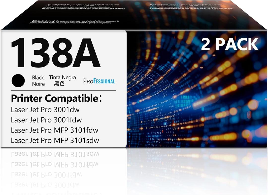 138A Toner Cartridges Black 2 Pack Pro MFP 3101fdw Replacement for HP138A 138A W1380A 138X W1380X Black Toner Compatible with HP Laser Jet Pro 3001fdw 3001dw MFP 3101fdw Printer 138A Ink (2 Black)