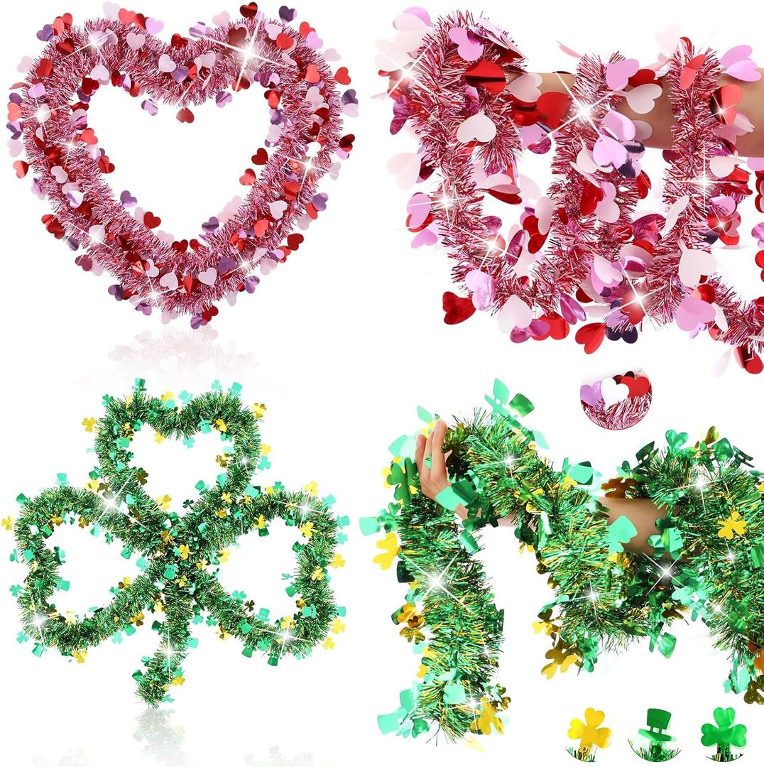 2 Pack 33 ft Valentines Day Decorations Valentines Heart Tinsel Garland St Patrick's Day Green Shamrock Hat Tinsel Garland for Tree Home Indoor Outdoor Irish Party Supplies Wedding Decor