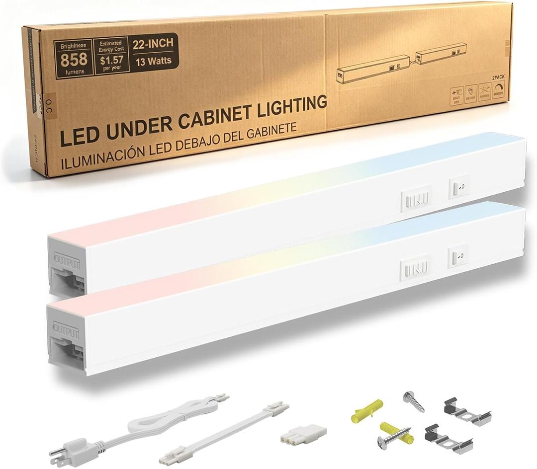 2Packs 22 Inch Ultra-Slim Under Cabinet LED Lighting, Aluminum Plug-in Linkable Light Bar, 3 CCT(Warm White, Cool White, Daylight), Kitchen & Under Counter Lighting, Closet Shelf Light, ETL Listed
