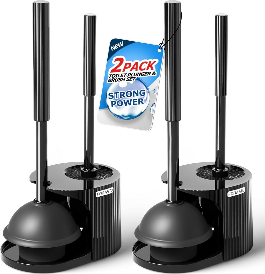 FORASTO 2Pack 2 in 1 Toilet Brush and Plunger Set, Extended Handle Plunger,Toilet Bowl Brush Plunger Set,Bathroom Cleaning Tools,Toilet Brush Plunger Combo,Cleaning SuppliesBlack