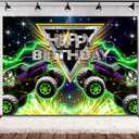 SVBright Truck Birthday Backdrop 7Wx5H Monster Green Car Grave Digger Birthday Party Light Racing Car Vehicle Jam Boys Decorations Photography Background Banner Photo Booth Studio