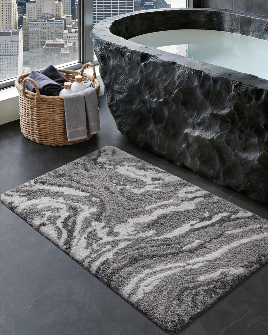 DEXI Bathroom Rug Mat 24x36, Soft and Absorbent Marble Bath Mat, Non Slip Machine Washable Bath Rugs for Shower Floor, Tub, Sink, Grey and White