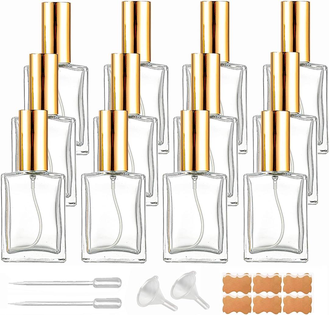 12 Pack 1 oz Clear Square Glass Perfume Spray Bottle, 30ml /1 oz Fine Mist Atomizer Spray Bottles Refillable, for Perfume, Essential Oil and Liqui (A/Clear)
