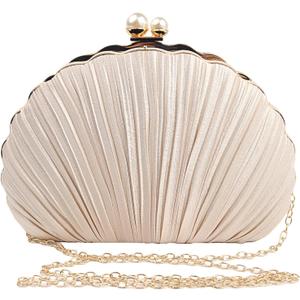 Women Mini Pleated Seashell Evening Clutch Handbag,Clutch Bag,Pearl Clutch,With Chain Strap, Seashell Champagne
