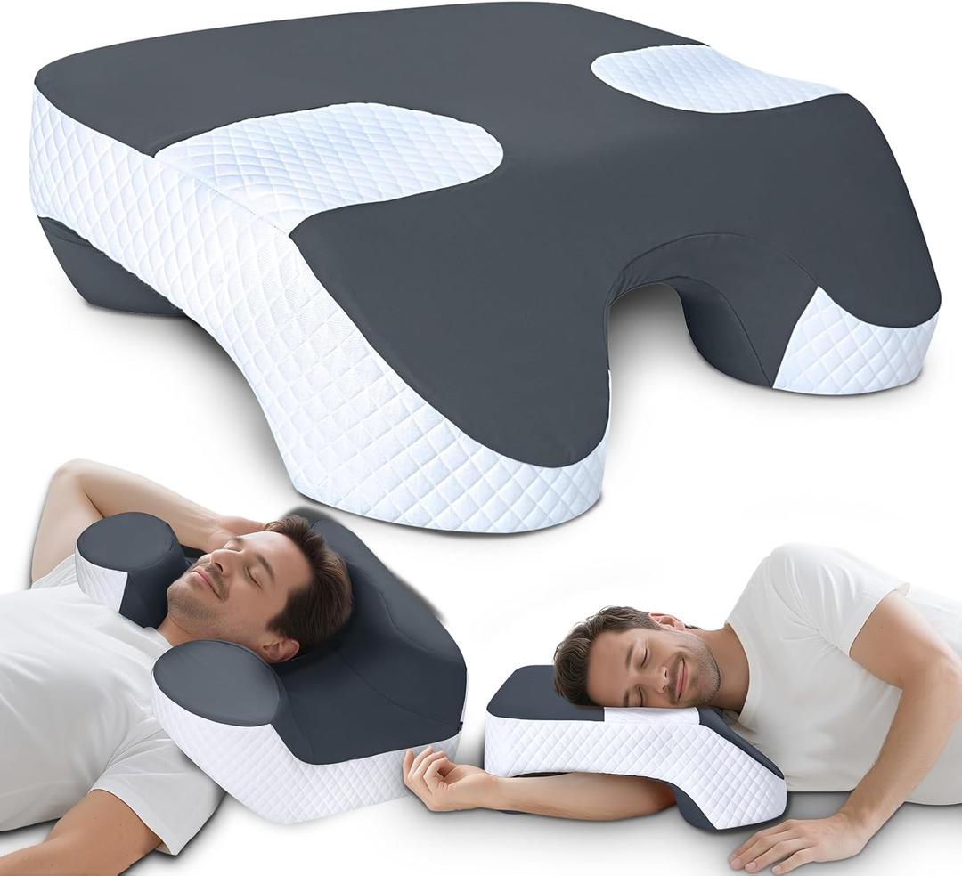 SAHEYER Side Sleeper Pillow with Arm Holes, 2 in 1 Shoulder Relief System for Rotator Cuff Pain, Memory Foam Pillow for Adults with 3 Arm Place Holes, Grey