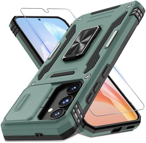 DEERLAMN Case for Samsung Galaxy S24 FE 6.7-Inch with Slide Camera Cover+Screen Protector(1 Pack), Rotated Ring Kickstand Military Grade Shockproof Protective Cover-Green