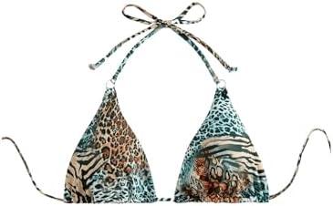 Milumia Women's Leopard Floral Triangle Bikini Top Only Halter Tie Backless Bathing Suit Tops, Large 