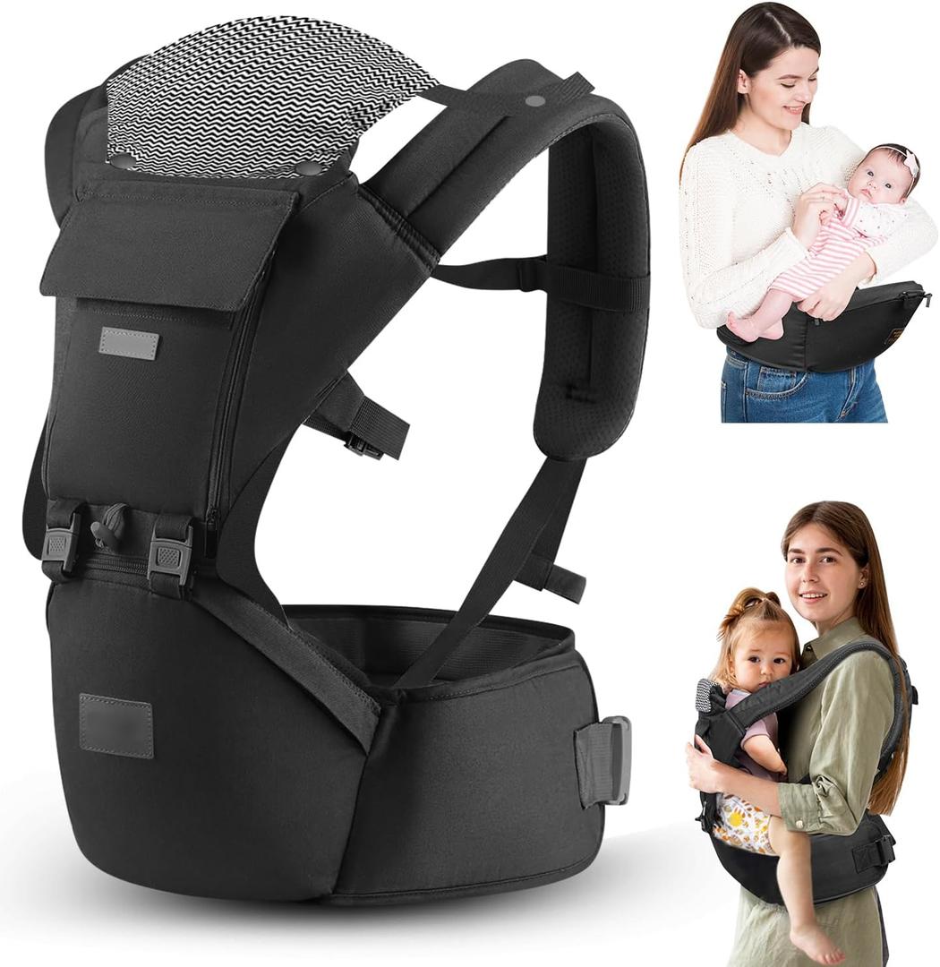 VYPERX 6-in-1 Ways Baby Carrier with Hip Seat and Lumbar Support, Newborn to Toddler, 0-36 Month, 7-33 Lb, Ergonomic All Positions Kids Carrier Soft Baby Holder Carrier with Hood for All Seasons, Black