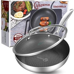 LOLYKITCH 8.5 Inch Tri-ply Hybrid Stainless Steel Non-Stick Saut Pan with Lid,Skillet,Induction Frying Pan,Skillet,Dishwasher and Oven Safe,Riveted Handle.