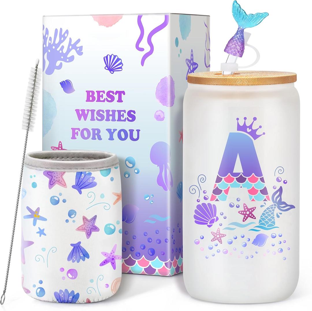 Birthday Gifts for 4 5 6 7 8 9 10 11 12 Year Old Girls Monogrammed Initial Glass Cups,16oz Glass Cups with lid and straw, Personlized Valentine Mermaid Gifts for Kids Girls Purple A