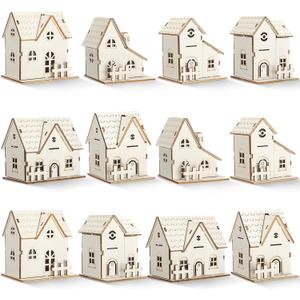 Hiboom 12 Pcs DIY Christmas Village Sets Wood Village Houses with Fence Christmas Mini Wooden House Gift for Winter Xmas Party Decorations