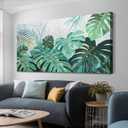 Enartly Tropical Green Leaf Canvas Wall Art Monstera Palm Leaf Painting Jungle Plant Botanical Picture Nature Artwork Print Framed for Living Room Bedroom Bathroom Office Home Decor, Large 40"x20"
