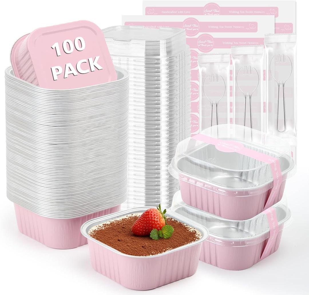 Ruckae 10oz 100 Pcs Square Mini Loaf Pans with Lids-Disposable Foil Dessert Containers,Mini Cake Pans with Lids,Aluminum Dessert Cups for Parties and Weddings (Pink, 10oz)