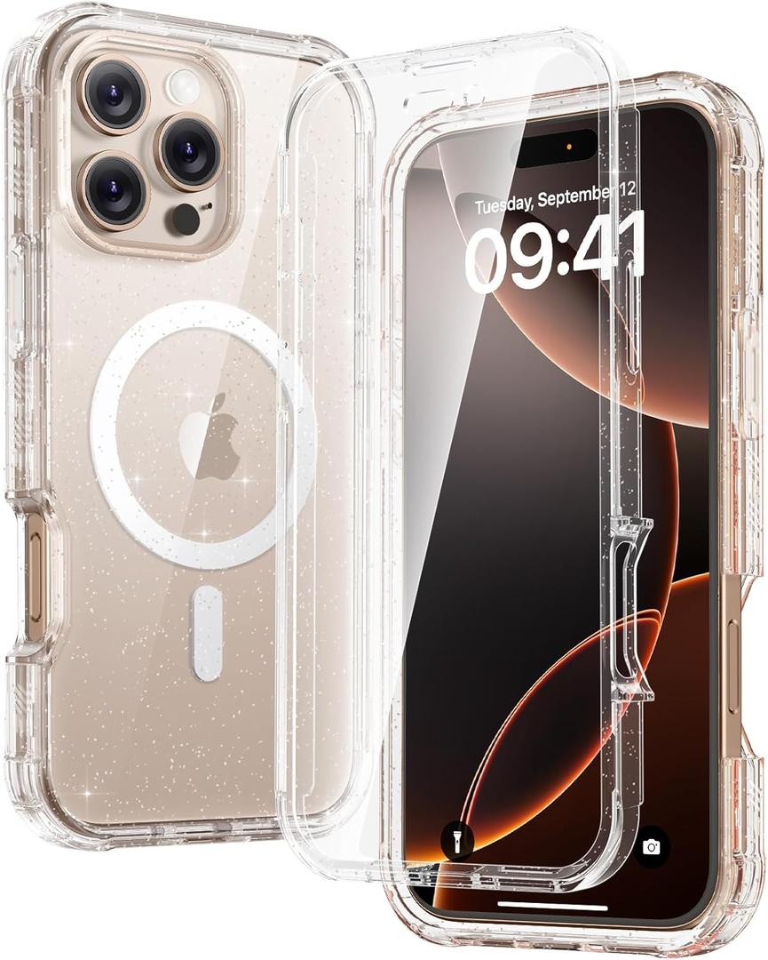 Diaclara Designed for iPhone 16 Pro Case, Full Body Rugged with Touch Sensitive Anti-Scratch Screen Protector, Compatible with MagSafe, Soft TPU Bumper Case for iPhone 16 Pro 6.3'', Clear Glitter