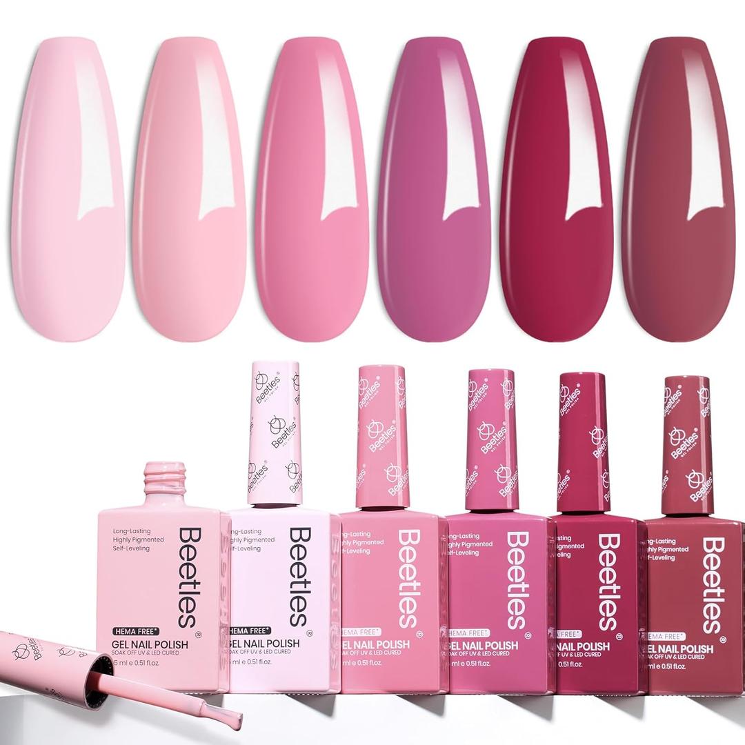 beetles Gel Polish Romantic Blush - Pink Gel Nail Polish Set Hema Free 6 Colors Nude Baby Pink Gel Polish Kit Soak Off Uv LED Nail Lamp 15ml DIY Home Salon Gift for Women Back to School Nails