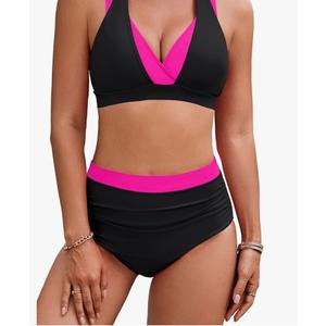 BMJL Women's High Waisted Bikini Sets Tummy Control Swimsuits Two Piece Color Block Modest Bathing Suit, Medium