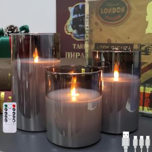 200 Hour Flameless Candles with Remote, Rechargeable Flickering Glass Pillar Candles with Remote and Timer, Moving Flame for Halloween Christmas Festival Wedding Home Party Decor (Gray 3PCS)