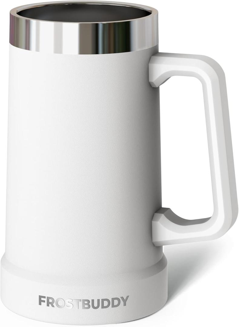 Frost Buddy Stein Buddy – 24oz Insulated Stainless Steel Beer Stein Mug with Handle – Keeps Beer Cold for Hours – Ideal for Tailgating, Parties, BBQs, and Gifts (White)