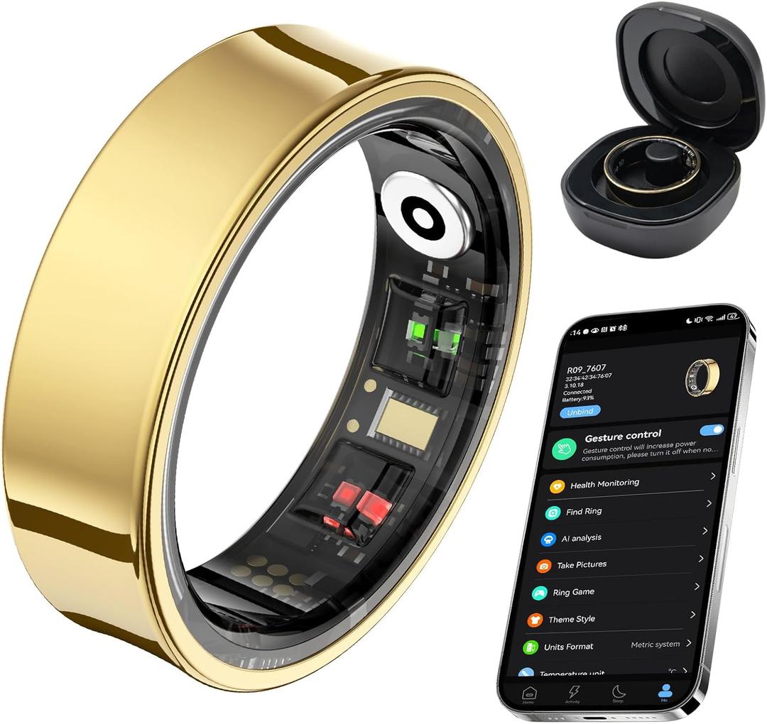 Smart Ring for Women Men, Fitness Tracker Ring with Body Temperature, Sleep Monitor, Heart Rate, Blood Oxygen, Calories, No Subscription Fee, IP68 Waterproof for iPhone & Android (Gold, #7)