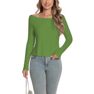 Long Sleeve Shirts for Women Ribbded Tees Boat Neck Basic Tops Fall Clothes (Green, S)