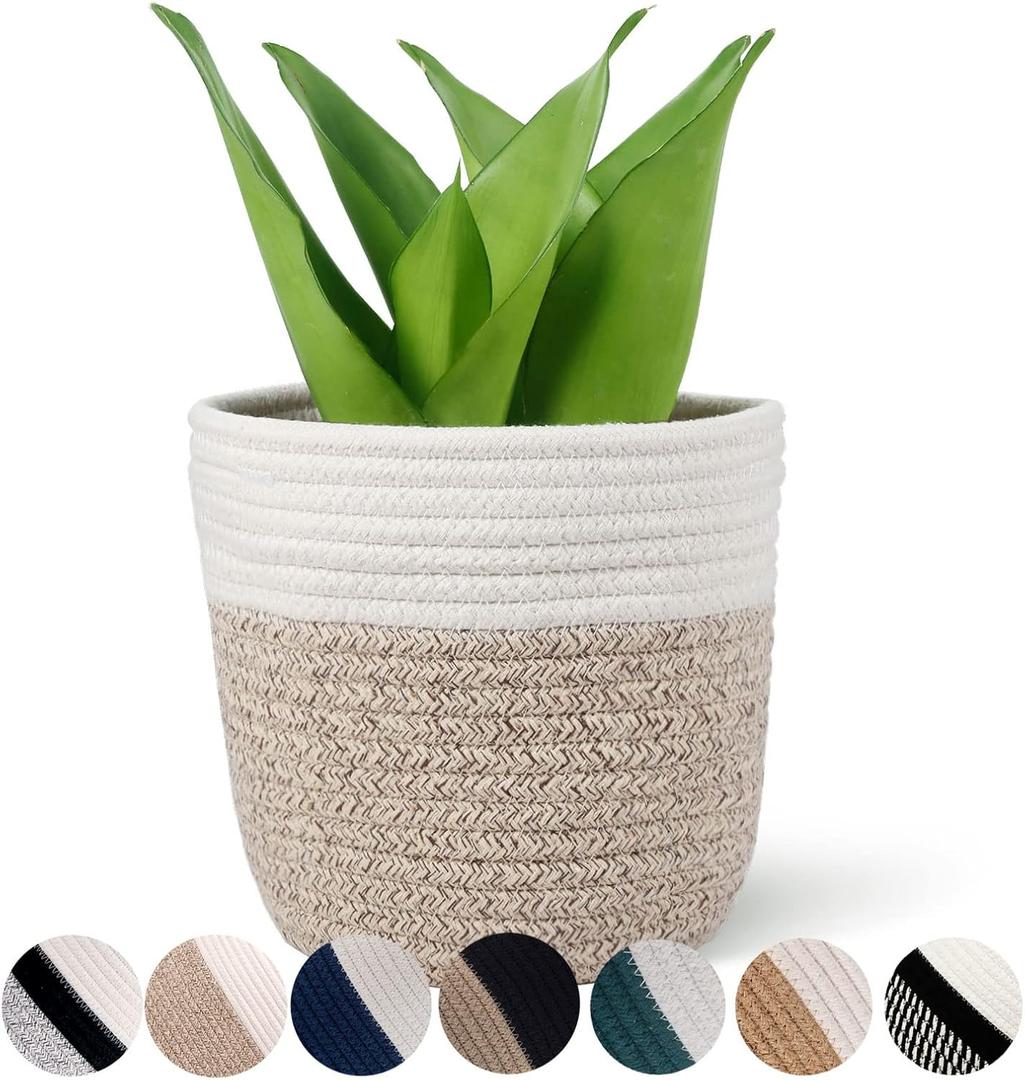 Cotton Rope Plant Basket Modern Woven Basket for 6" Flower Pot Floor Indoor Planters,Rustic Home Decor Storage Organizer H6 3/4" x W6 1/2"