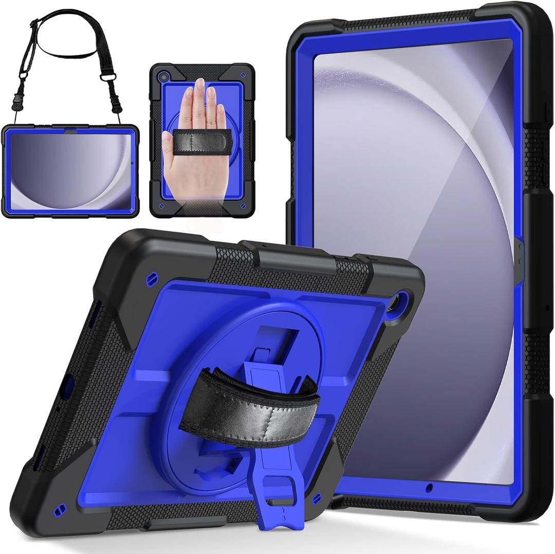 LTROP Case for Samsung Galaxy Tab A9+ Plus 11" 2023 (SM-X210/X216/X218), Heavy Duty Shockproof Protective Case with Rotating Stand, Hand/Shoulder Strap, Black/Dark Blue