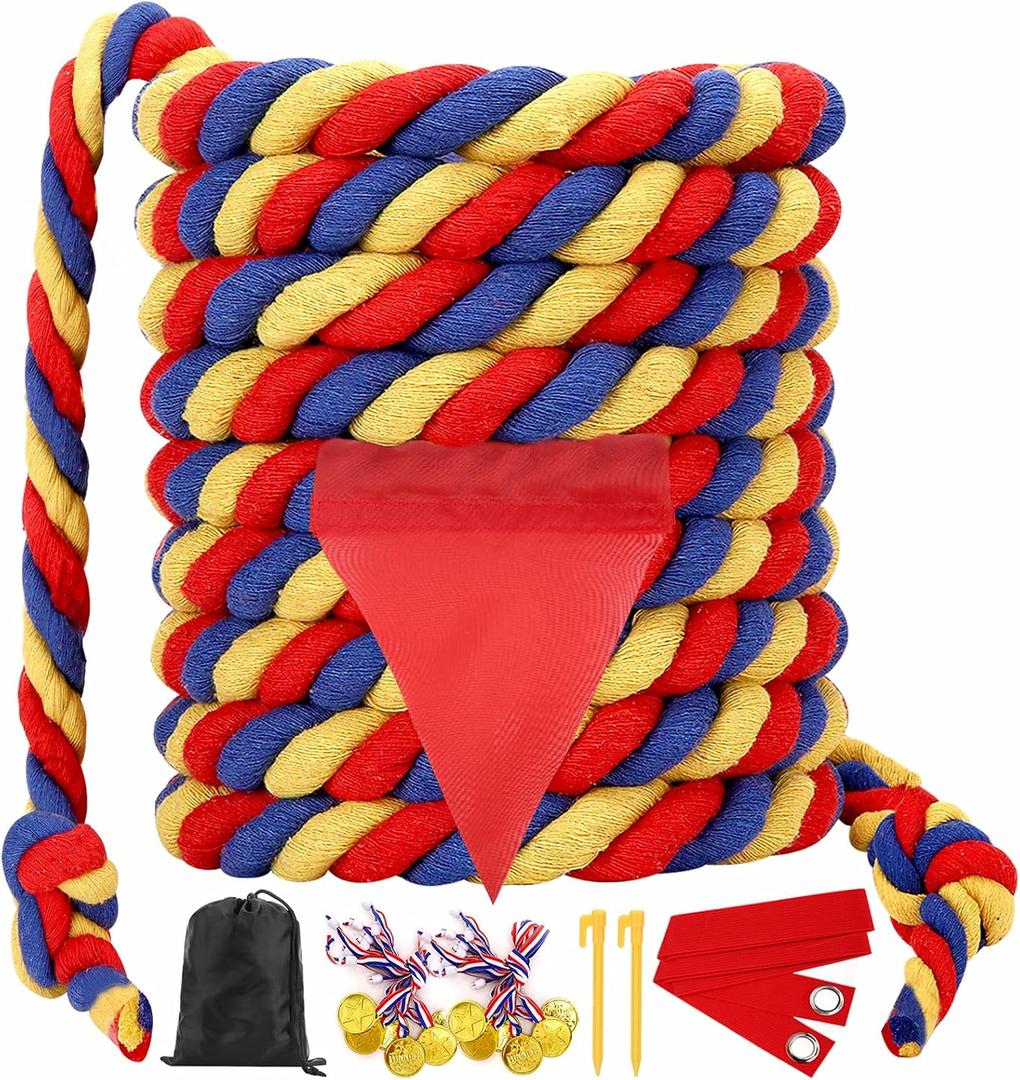 Field Day Tug of War Rope for Kids and Adults, Outdoor Lawn Yard Family Reunion Birthday Party Games, Outside Backyard Camping Picnic Games, Backyard Carnival Games Fun for Team Building Activities (20 Feet, Blue&red&yellow)