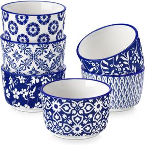 vancasso Selene 4 oz Mini Ceramic Ramekins Set of 6, Oven-Safe Baking Cups for Crme Brle, Souffls, Desserts, Handcrafted Blue and White Patterns