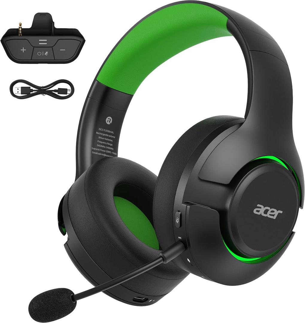acer Wireless Gaming Headset for Xbox Series X|S & Xbox One, Bluetooth 5.4 Headphones with Noise Canceling Mic, 3D Surround Sound, 40H Battery, Compatible with PC, PS5, Switch, Mac - Black Green