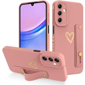 Fiyart Designed for Samsung Galaxy A15 5G Case with Phone Stand Holder Cute Love Hearts Protective Camera Protection Cover with Wrist Strap for Women Girls for Galaxy A15 5G 6.5"-Pink