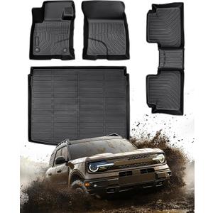 DiffCar® Floor Mats for Ford Bronco Sport: 2021 2022 2023 2024 2025 (only for Sport), All Weather TPE Car Accessories for Bronco Sport 2021-2025 Black Floor Mats & Trunk Liner (w/Full Size Spare Tire)