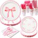 Reallnaive 192 Pcs Pink Bow Party Supplies Severs 24 Guests Coquette Birthday Decorations Includes Plates Cups Napkins Tableware Sets for Girl Bachelorette Bridal Engagement