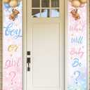 Baby Bear Gender Reveal Decorations - Boy or Girl Porch Sign Banner, Pink Blue Balloon Baby Shower Door Hanging Banner for Party Supplies 