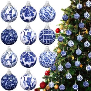 Preboun 48 Pcs Christmas Chinoiserie Ball Ornaments Blue and White Chinoiserie Tree Decoration Christmas Tree Hanging Ornaments Fabric Wrapped Home Xmas Decor for Modern Party (Blue,1.18 Inch)