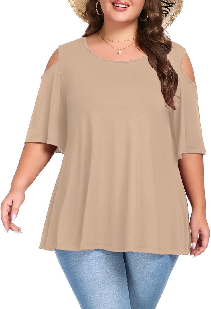 OVERWORETY Cold Shoulder Tops Women's Plus Size Tunics Bell Sleeve Casual Loose Tee T-Shirts (4X, Beige)
