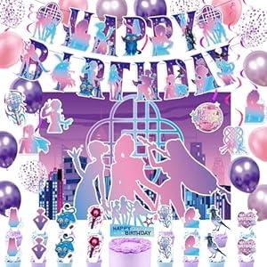 41 Pcs Demon Hunters Birthday Decorations,Kpop Theme Party Supplies,Set of Anime Super Star Backdrop Balloons Banner Hanging Swirls and Cake Cupcake Topper