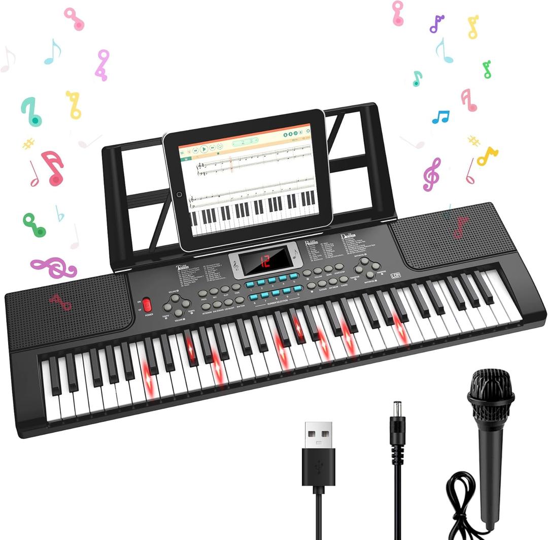 Piano Keyboard, 61 Key Upgrade Kids Pianos Music Toy with Light-up Keys & Pro Teaching Modes, Dual Speaker, 70 Demos,100 Tones, 100 Rhythms Perfect Christmas/Birthday Gift for Kids (Black), 2 x 26.5 x 7.8 inches