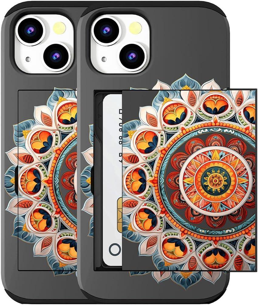Compatible for iPhone 15 Case with Card Holder Cute - Kawaii Design Military-Grade Drop Protection Rugged Wallet Cases for Women (Black Intricate Mandala)