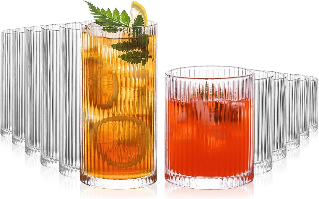 INSETLAN 12-Piece Ribbed Glassware - 6 Highball Glasses 12 oz, 6 Rocks Glass Cups 14 oz, Vintage Cocktail Drinking Glasses, Ideal for Juice, Water, Ice Coffee Cup, Whiskey, Mixed Drinkware