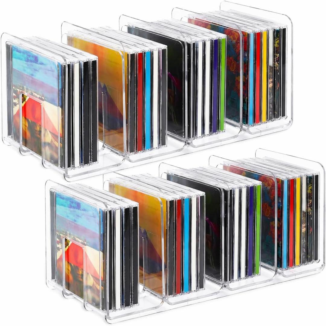 2 PCS CD Holder, Clear Acrylic DVD Storage Box Record Display CD Rack, Cd Organizer with 4 Compartment Holds up to 25 Standard cd Cases, Media Shelf Storage and Organization for DVD/Video Game
