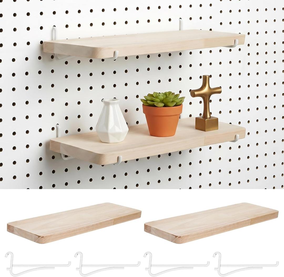 2 Pack Pegboard Shelves, Solid Wood Wall Shelf with Hooks, Solid Wood Pegboard Shelf, High Balance and No tilt, Wooden Pegboard Shelves for Metal Pegboard, Organizer Accessories for Home & Office
