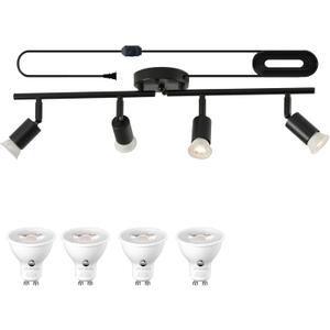 Dimmable 4 Light Black Plug in Track Light White Plug in Ceiling Lighting Fixture with 16.4' Long Cord,4 Way Ceiling Spotlight,Rotatable Wall Mount Light Head,LED dimmable Spot Bulbs Included