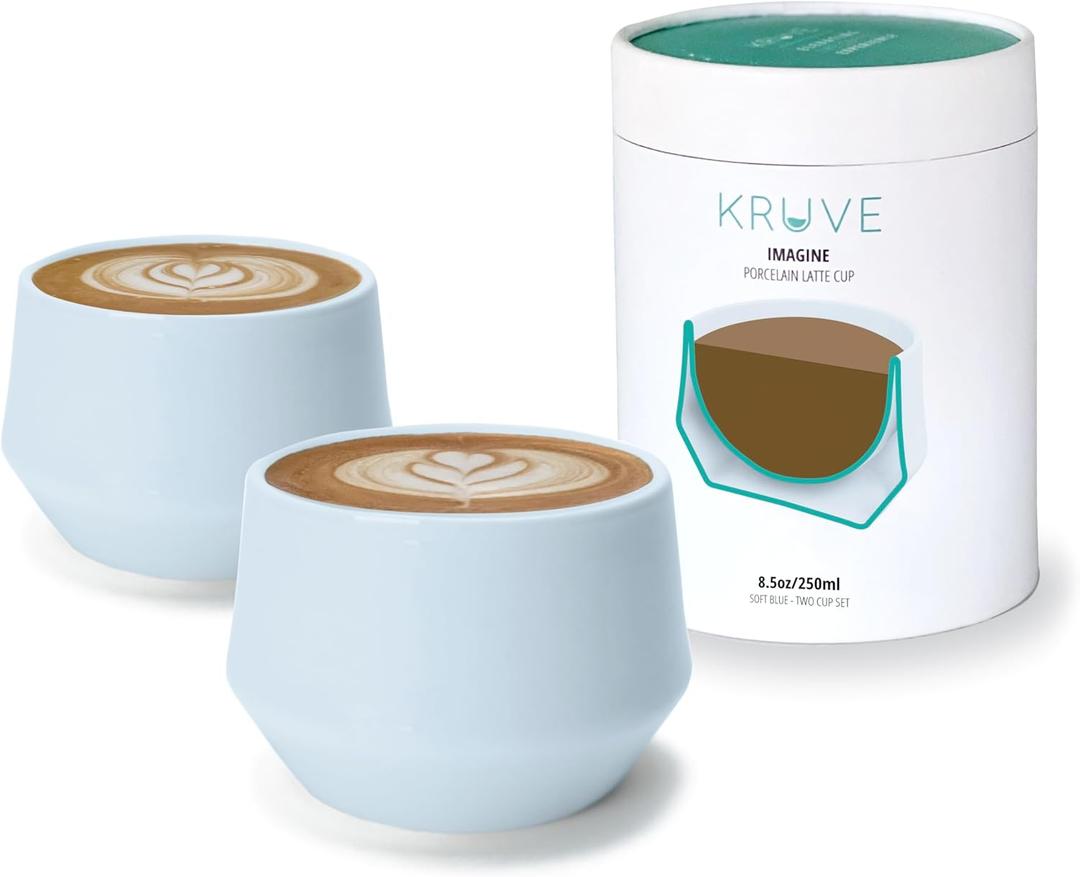 KRUVE IMAGINE Porcelain Latte Coffee Cups, Double Walled Espresso Cups, Glass Cups Set of Two - 8.5oz Thermal Spherical Design for Latte Art, Insulated Coffee Mugs for Heat Retention (Blue)