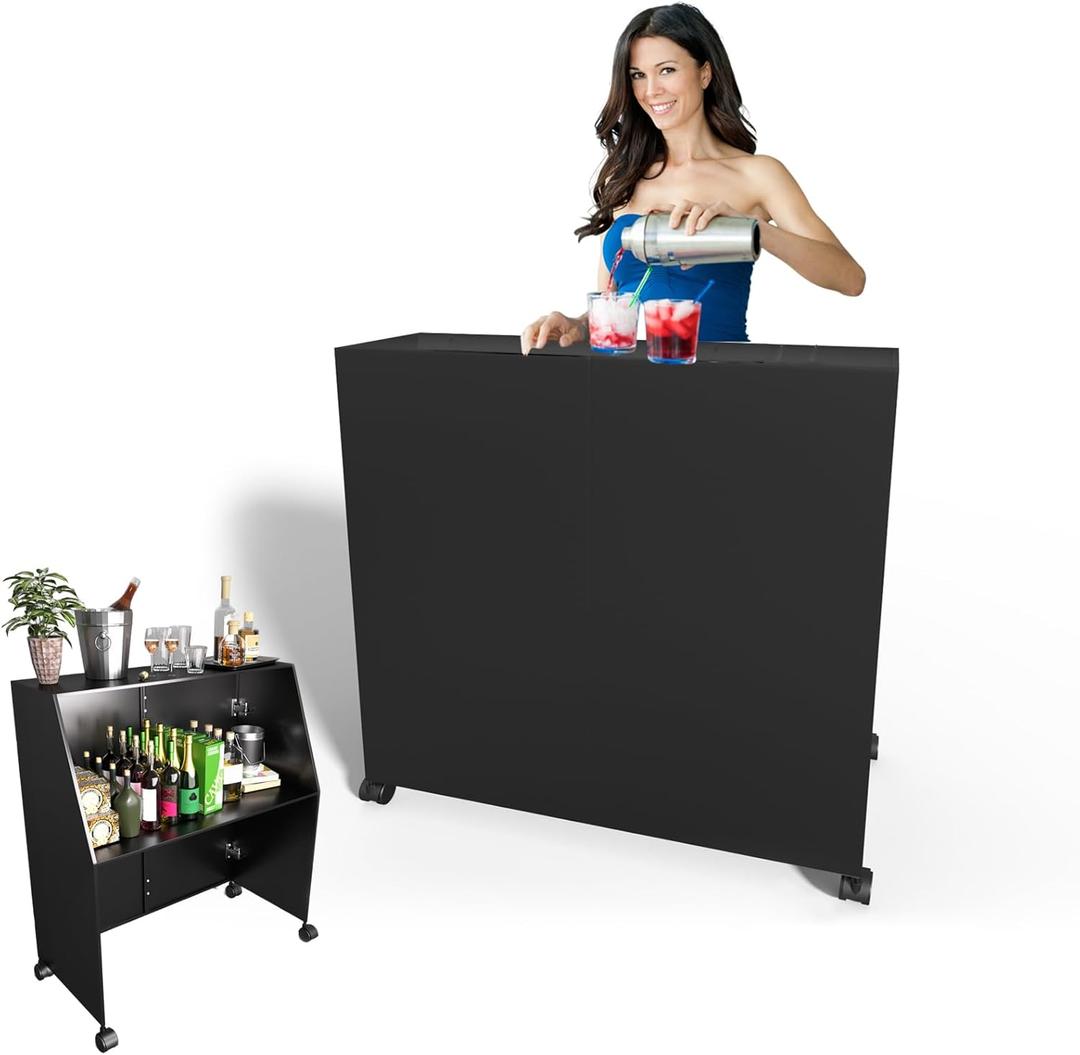 Commercial Folding Bar Table with Wheel, Mobile Portable Bartender Cabinet Station for Events, Foldable Tradeshow Podium Table for Events Grade Party Camping Picnic, Galvanized Iron