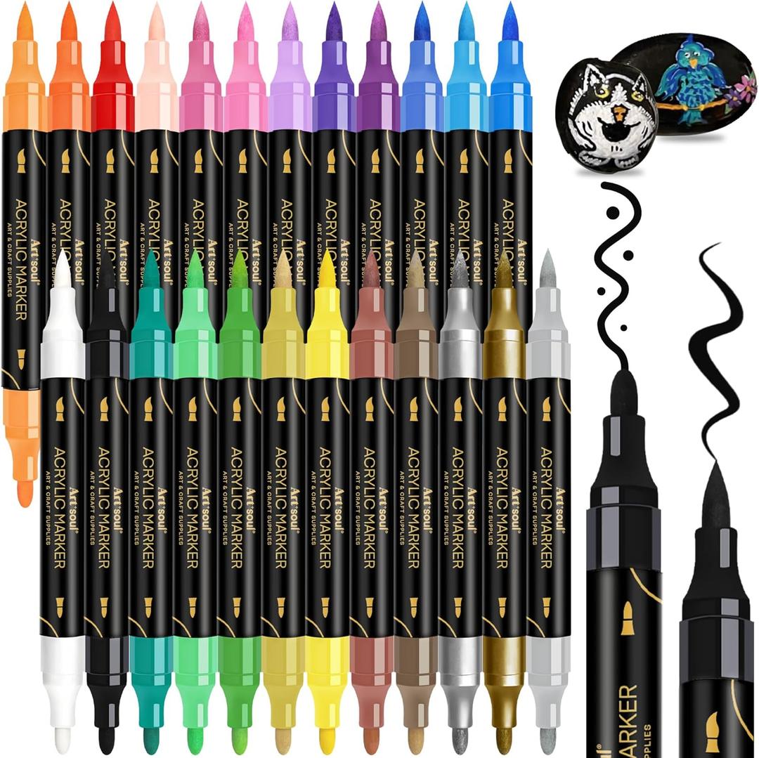 24 Colors Acrylic Paint Pens-Dual Tip Markers, Vibrant, Long Lasting Colors that Dry Quickly, Ideal for Canvas, Paper, Glass, Ceramic, Wood, and Rock