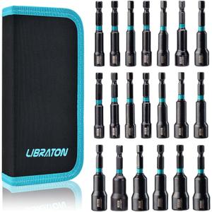 Libraton 20PCS Magnetic Nut Driver Set, Impact Drill Driver Bit Set 1/4", Metric and SAE Nut Driver, with Storage Bag, 5-13mm and 3/16''-1/2'' Nut Drivers